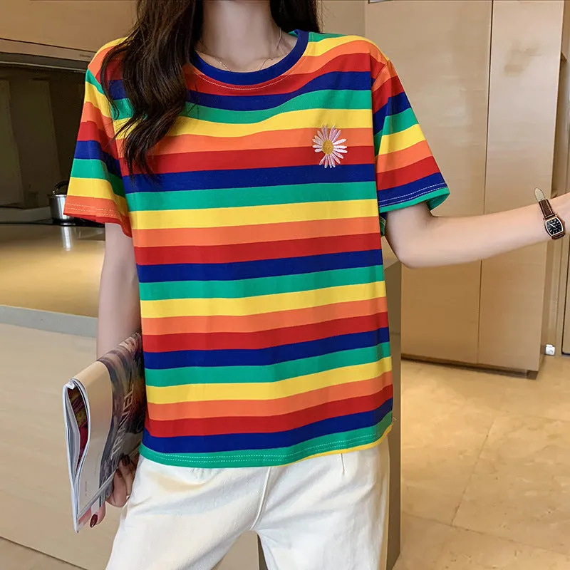 "RAINBOW STRIPES DAISY EMBROIDERY" T-SHIRT N072904