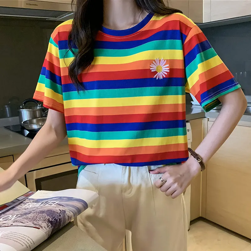 "RAINBOW STRIPES DAISY EMBROIDERY" T-SHIRT N072904