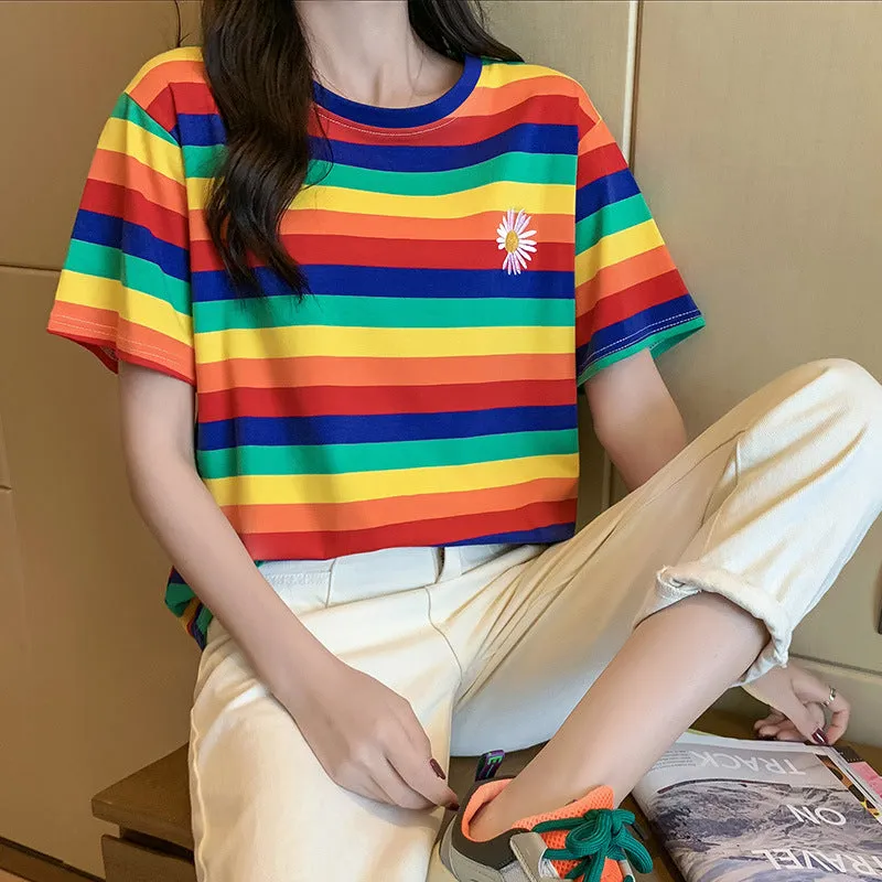 "RAINBOW STRIPES DAISY EMBROIDERY" T-SHIRT N072904