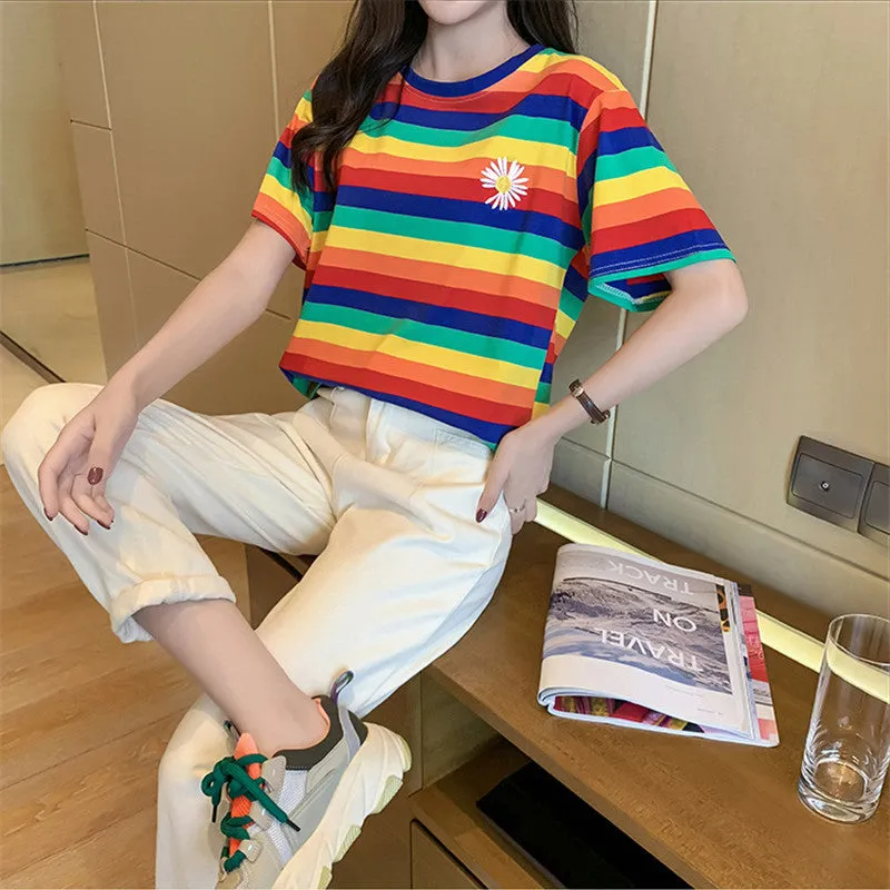 "RAINBOW STRIPES DAISY EMBROIDERY" T-SHIRT N072904