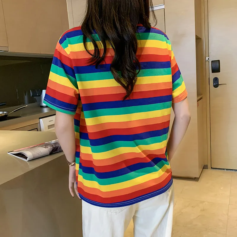"RAINBOW STRIPES DAISY EMBROIDERY" T-SHIRT N072904