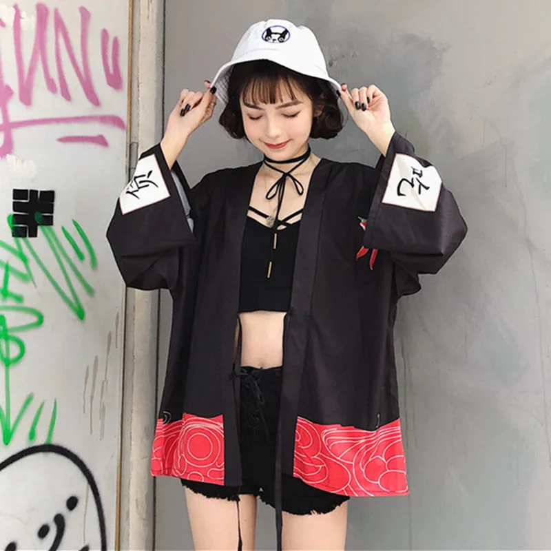 "RED CHILI PRINTS EAT LOOSE" SUNSCREEN KIMONO D051404