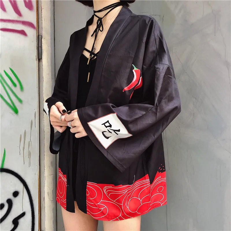"RED CHILI PRINTS EAT LOOSE" SUNSCREEN KIMONO D051404