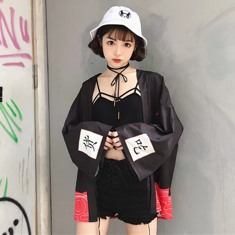 "RED CHILI PRINTS EAT LOOSE" SUNSCREEN KIMONO D051404