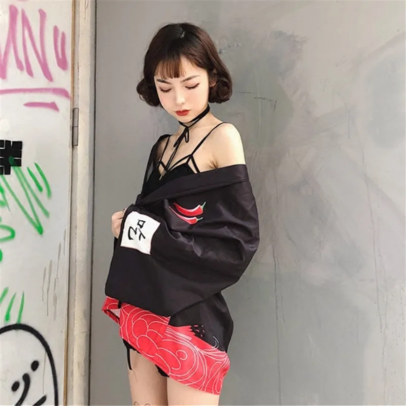 "RED CHILI PRINTS EAT LOOSE" SUNSCREEN KIMONO D051404
