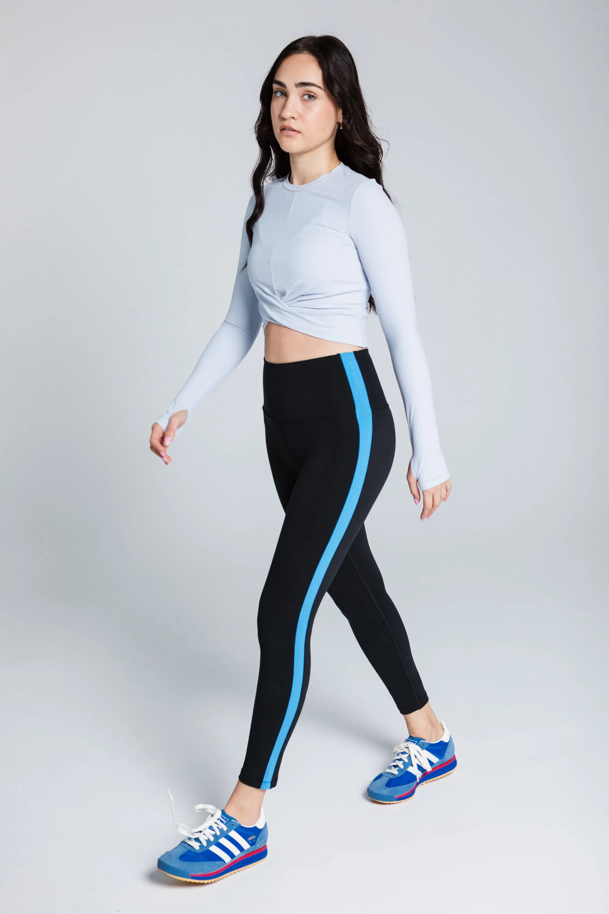 Rayure High Waist Legging - Black with blue side stripe