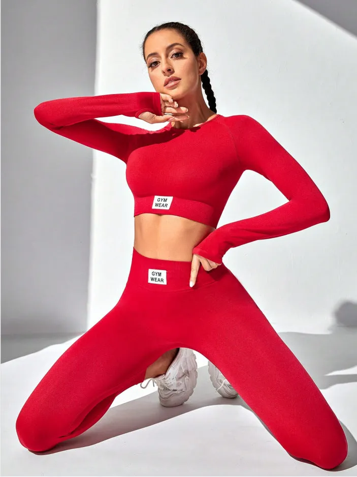 Red High Waist Yoga Long Sleeve Slim Fit Two-Piece Set