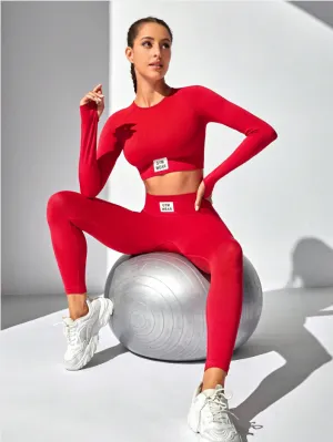 Red High Waist Yoga Long Sleeve Slim Fit Two-Piece Set