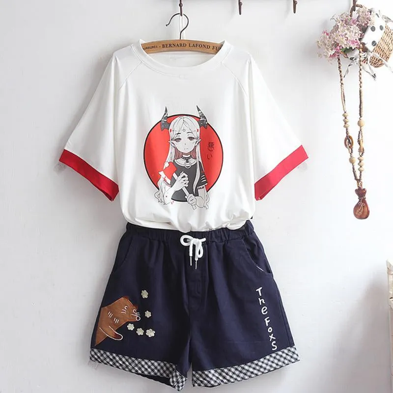 RED WHITE DEVIL GIRL PRINT T-SHIRT UB2670