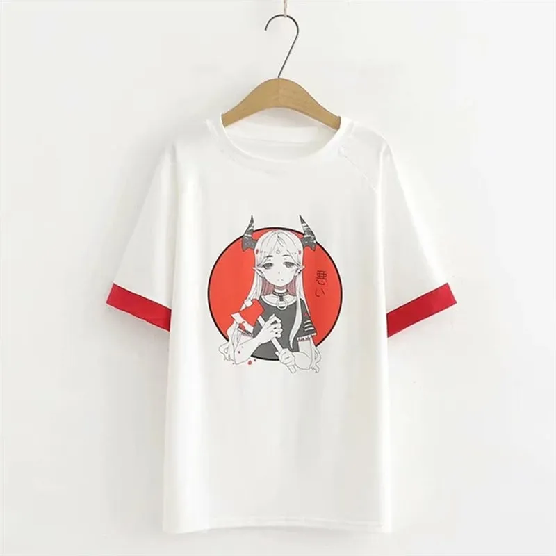 RED WHITE DEVIL GIRL PRINT T-SHIRT UB2670
