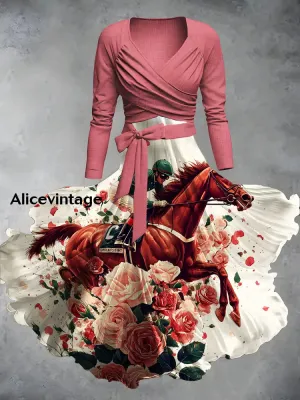 Retro Derby Day Print V-Neck Elegant Chic Midi Two-Piece Long Sleeve Dress