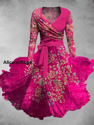 Retro Floral Print Vintage Elegant V-Neck Long Sleeve Two-Piece Midi Dress
