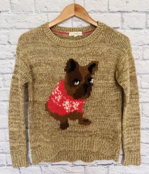 REWIND French Bulldog Novelty Sweater Sz XS Tan Brown Knit Fun Dog Lover