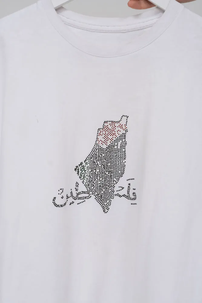 Rhinestone Pl41stine T-shirt with front small and back big map