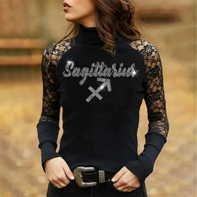 Rhinestones and Lace Long Sleeve Tops