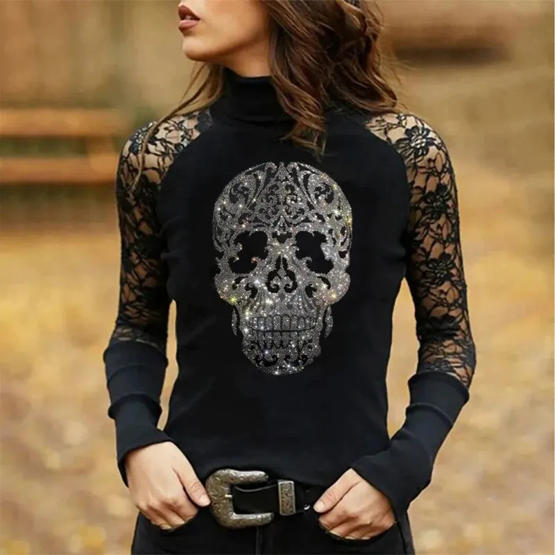 Rhinestones and Lace Long Sleeve Tops
