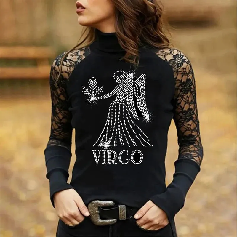 Rhinestones and Lace Long Sleeve Tops