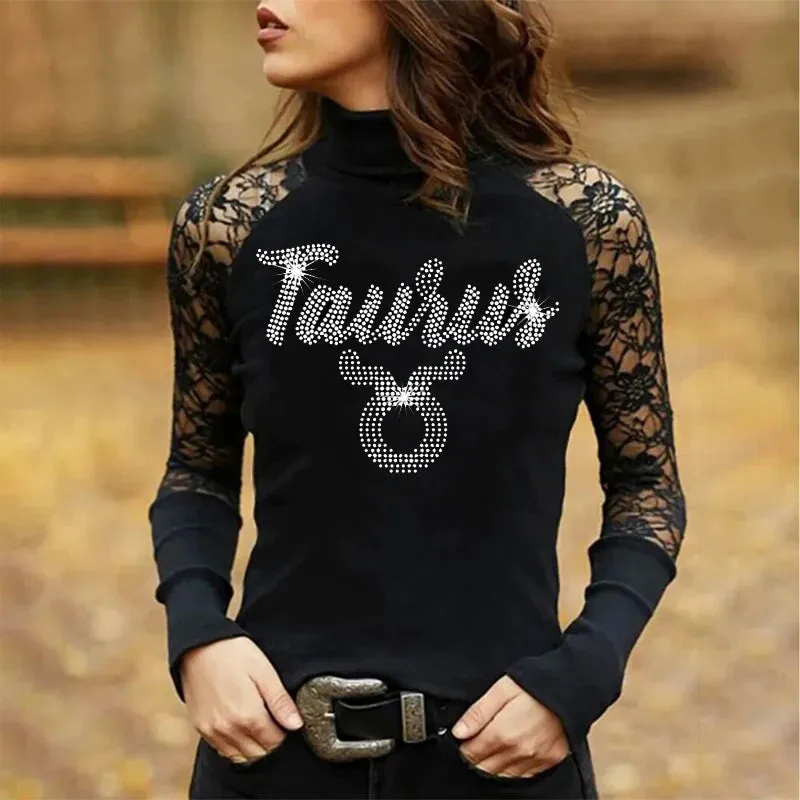 Rhinestones and Lace Long Sleeve Tops