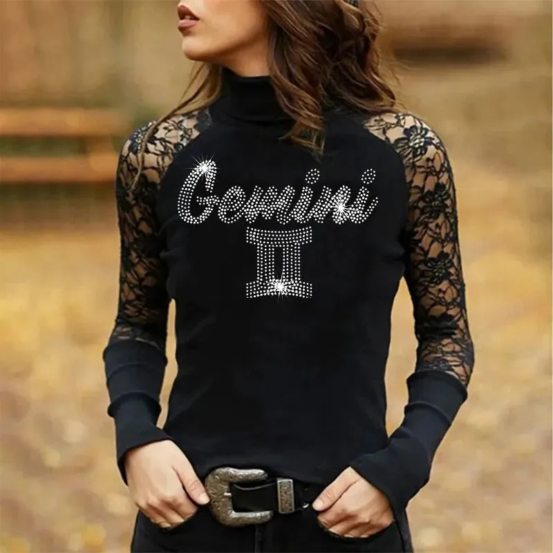 Rhinestones and Lace Long Sleeve Tops