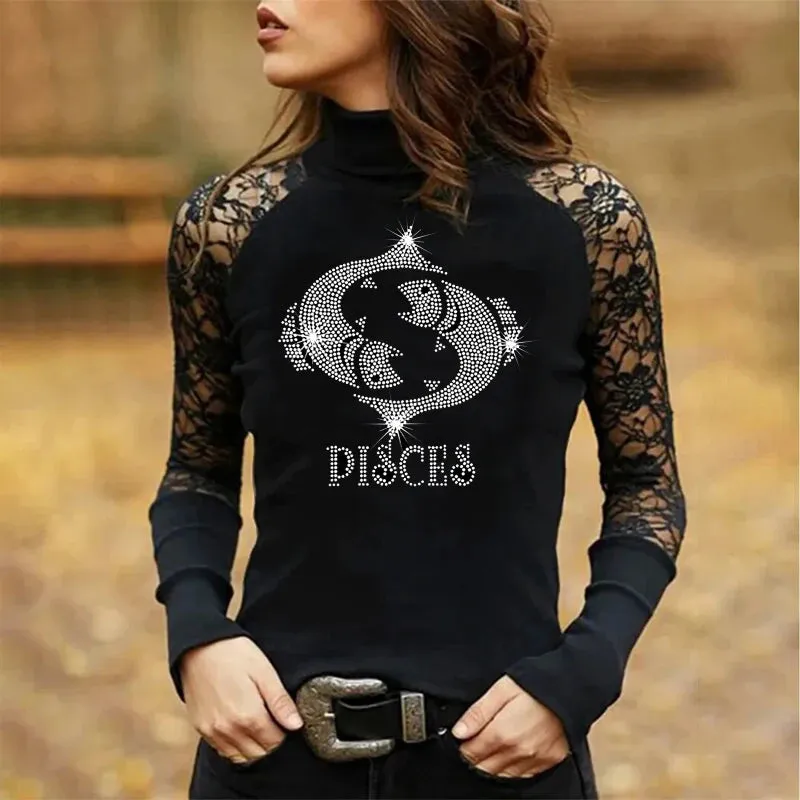 Rhinestones and Lace Long Sleeve Tops
