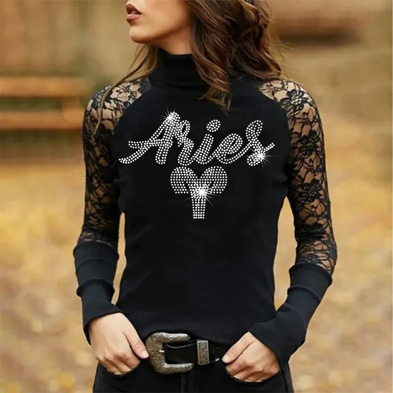 Rhinestones and Lace Long Sleeve Tops
