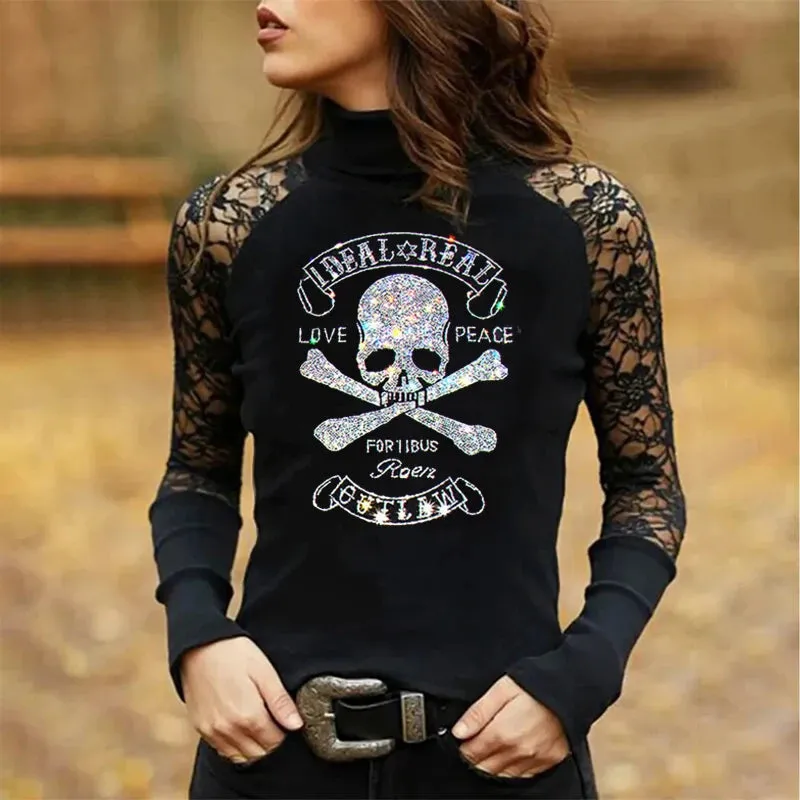 Rhinestones and Lace Long Sleeve Tops