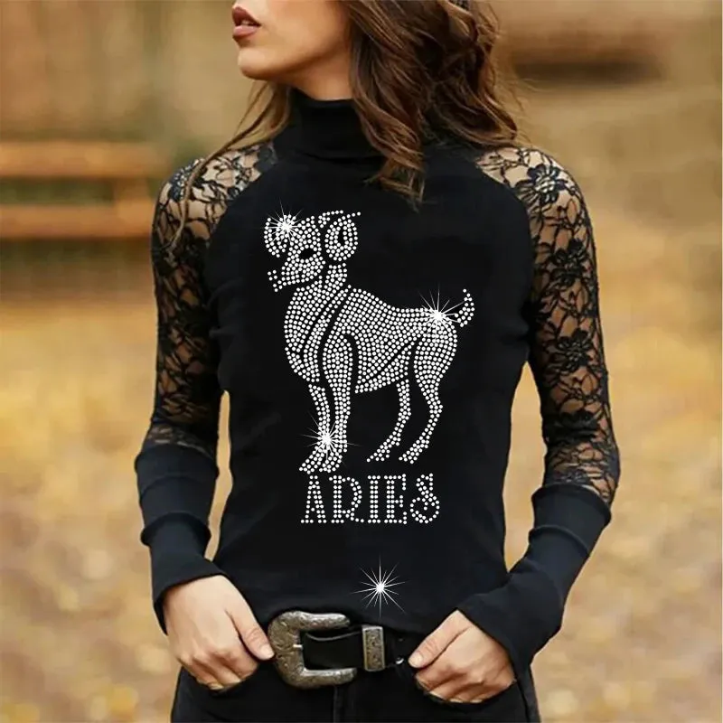 Rhinestones and Lace Long Sleeve Tops