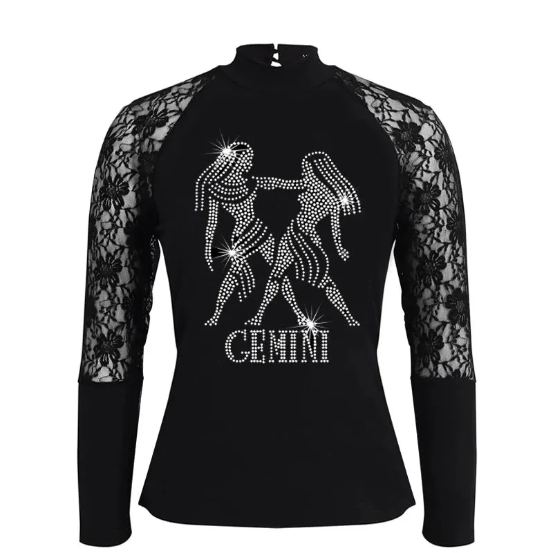 Rhinestones and Lace Long Sleeve Tops