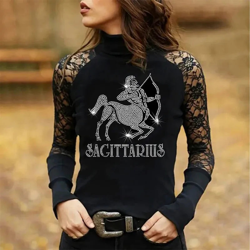 Rhinestones and Lace Long Sleeve Tops