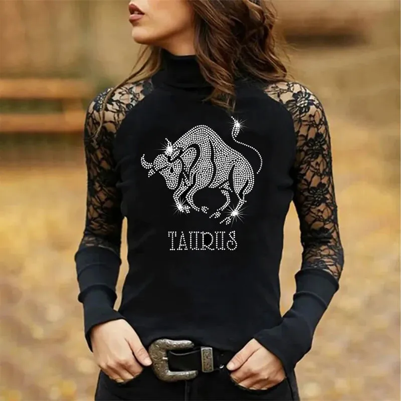Rhinestones and Lace Long Sleeve Tops