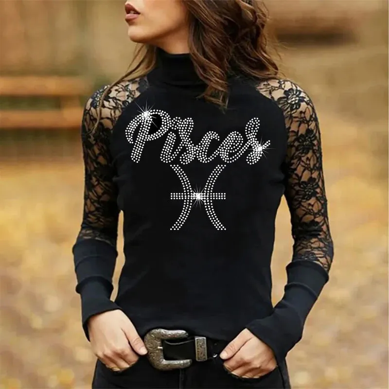 Rhinestones and Lace Long Sleeve Tops