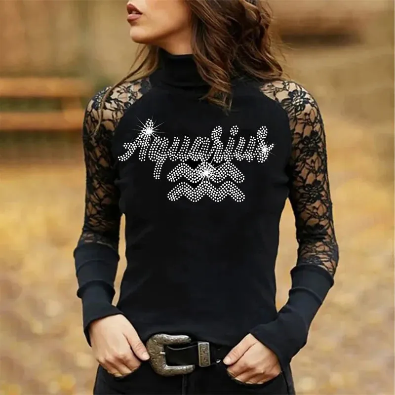 Rhinestones and Lace Long Sleeve Tops