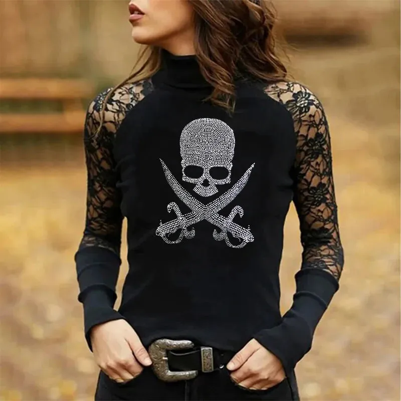 Rhinestones and Lace Long Sleeve Tops