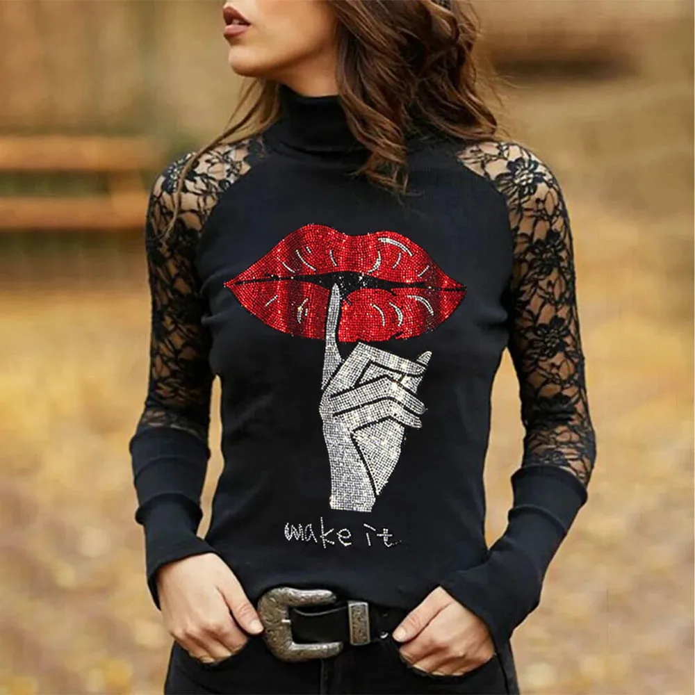 Rhinestones and Lace Long Sleeve Tops