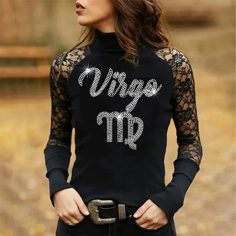 Rhinestones and Lace Long Sleeve Tops
