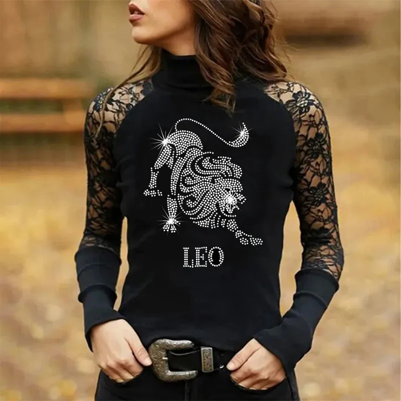 Rhinestones and Lace Long Sleeve Tops