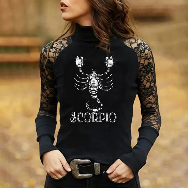 Rhinestones and Lace Long Sleeve Tops