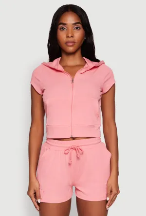 Ribbed Knit Short Sleeve Zip Front Hoodie