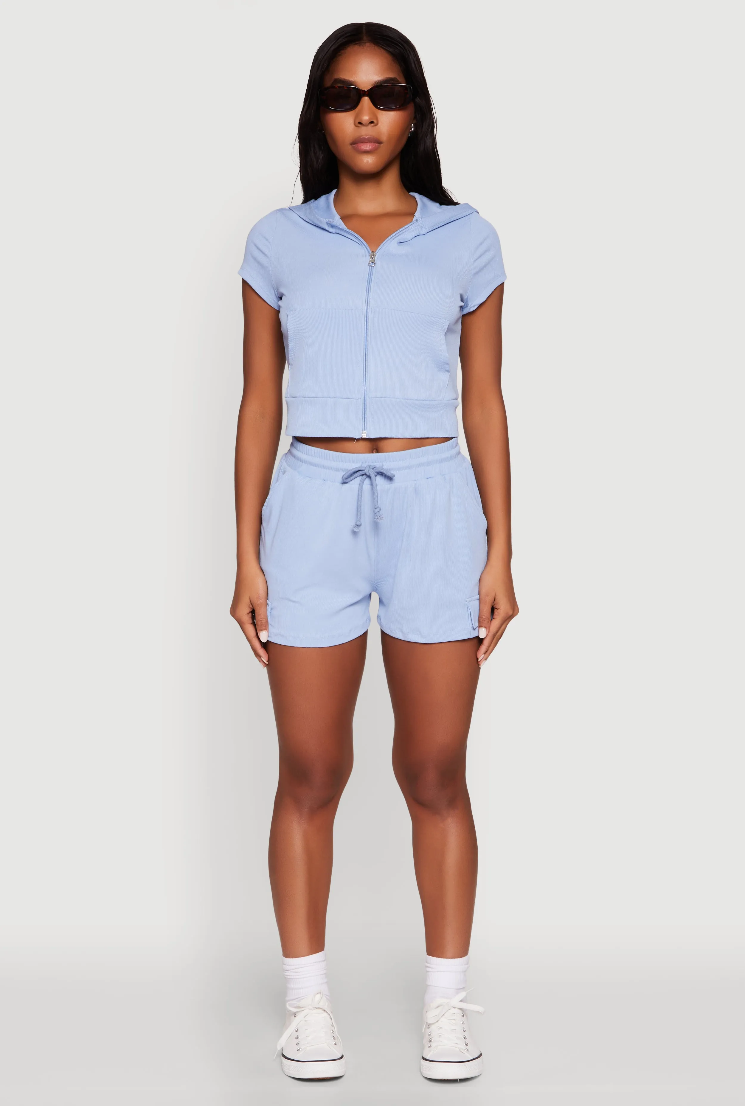 Ribbed Knit Short Sleeve Zip Front Hoodie