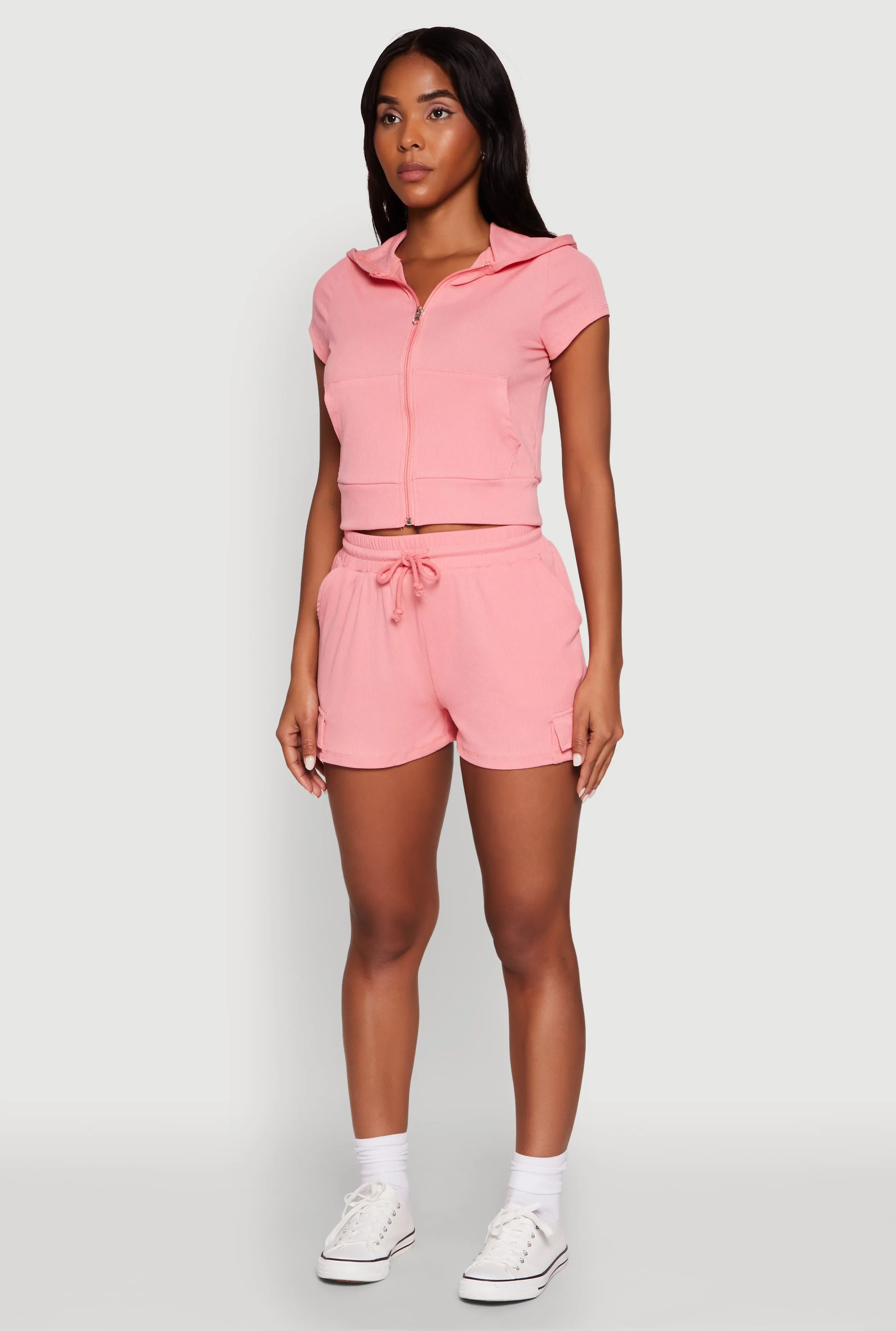 Ribbed Knit Short Sleeve Zip Front Hoodie