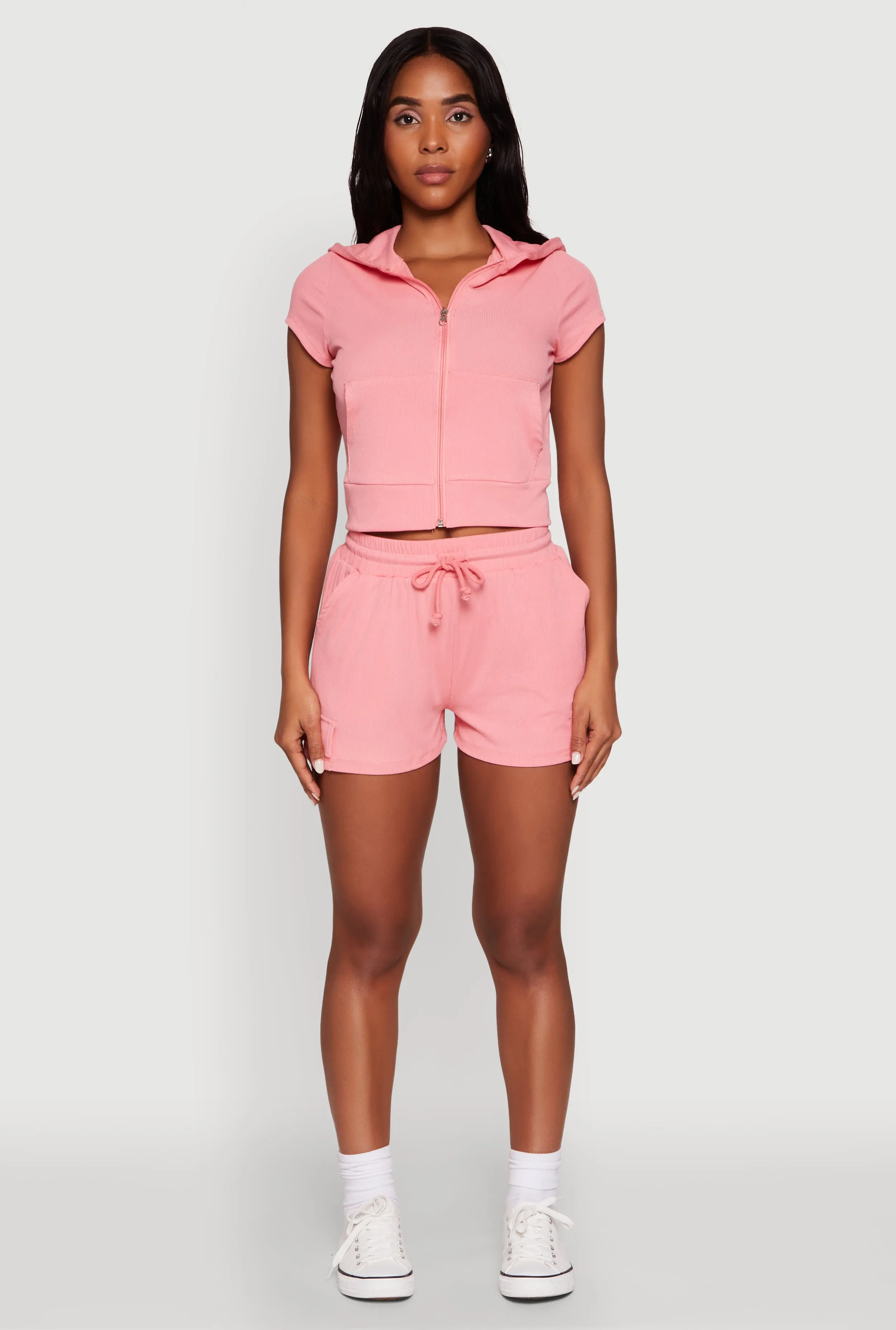 Ribbed Knit Short Sleeve Zip Front Hoodie
