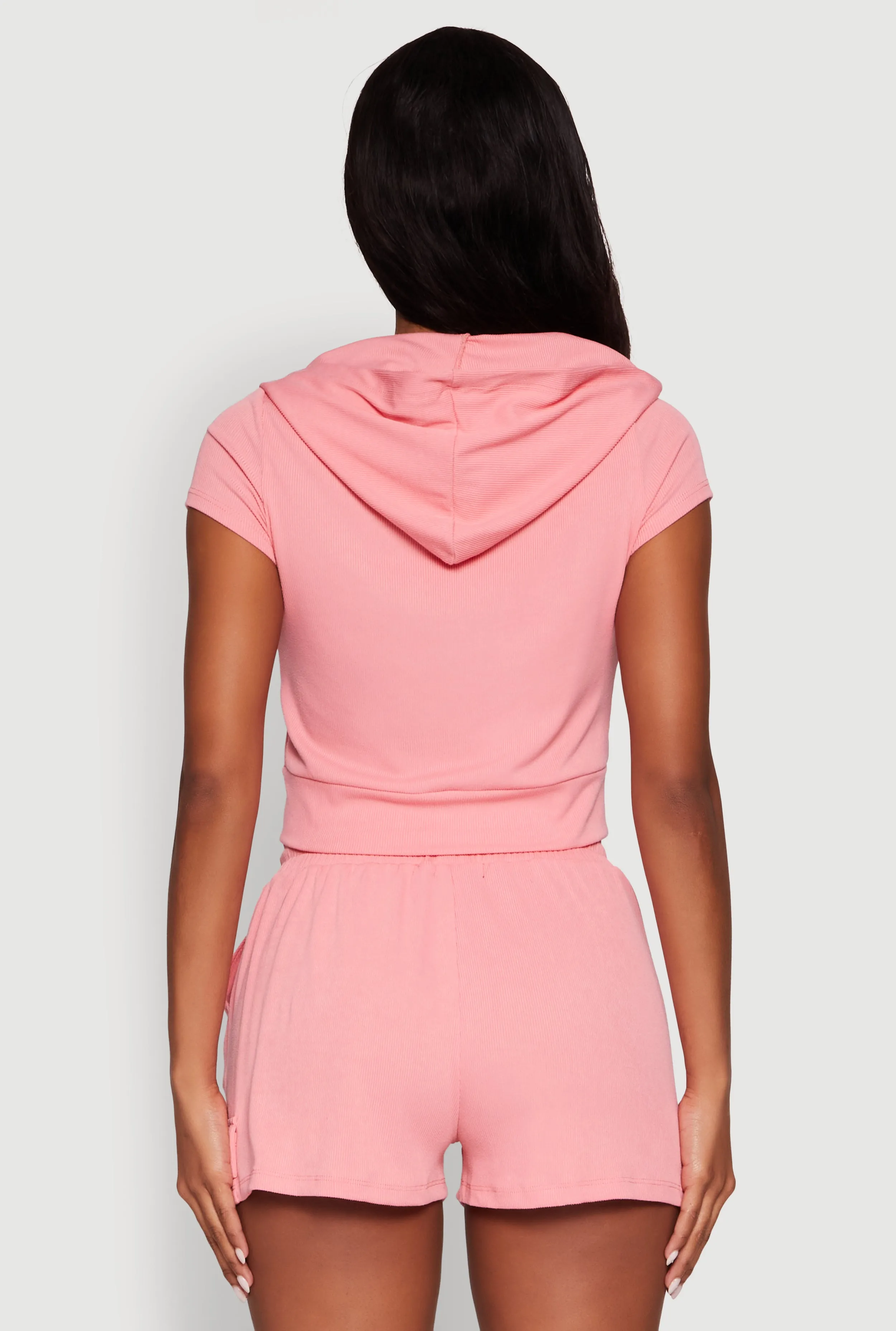Ribbed Knit Short Sleeve Zip Front Hoodie