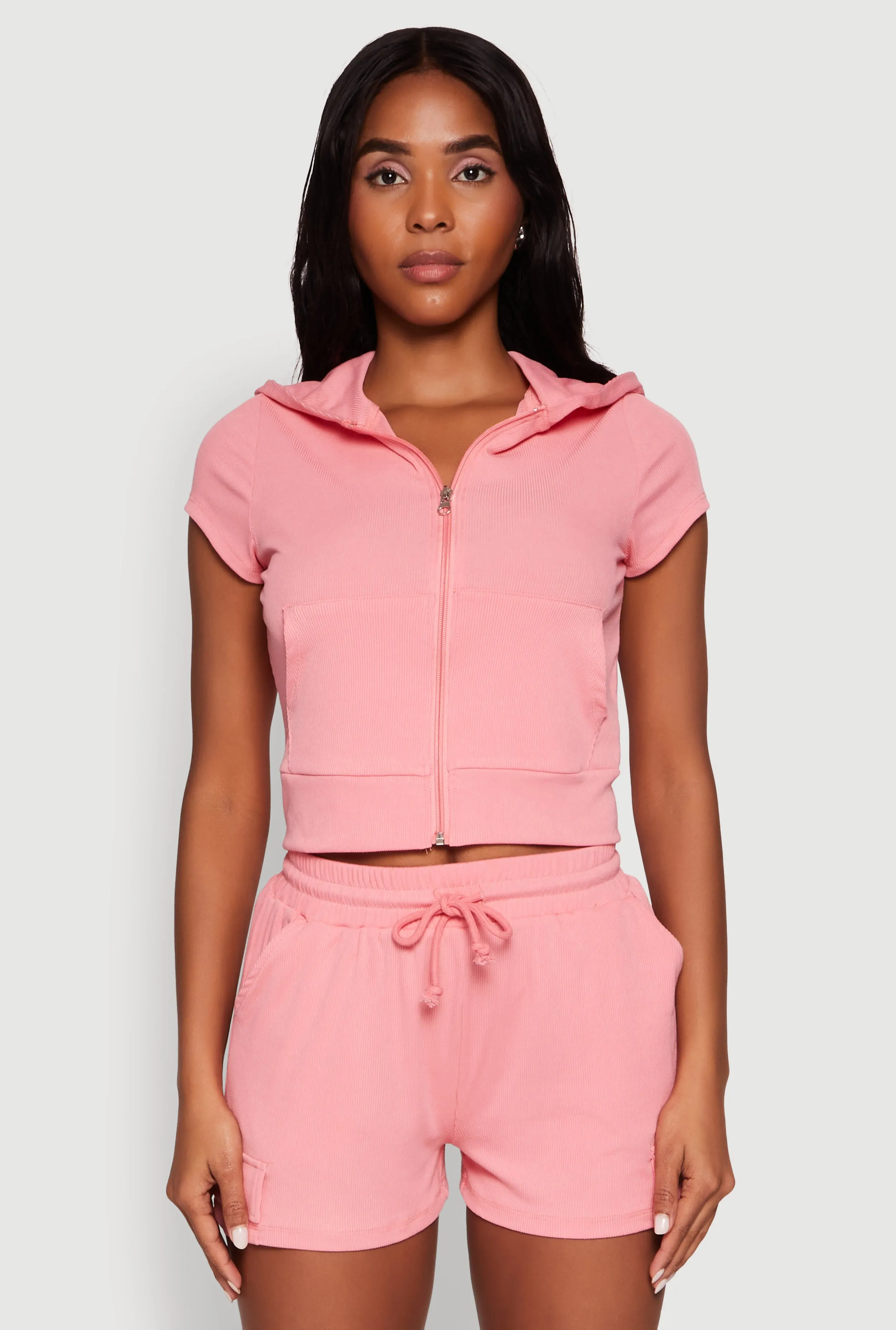 Ribbed Knit Short Sleeve Zip Front Hoodie