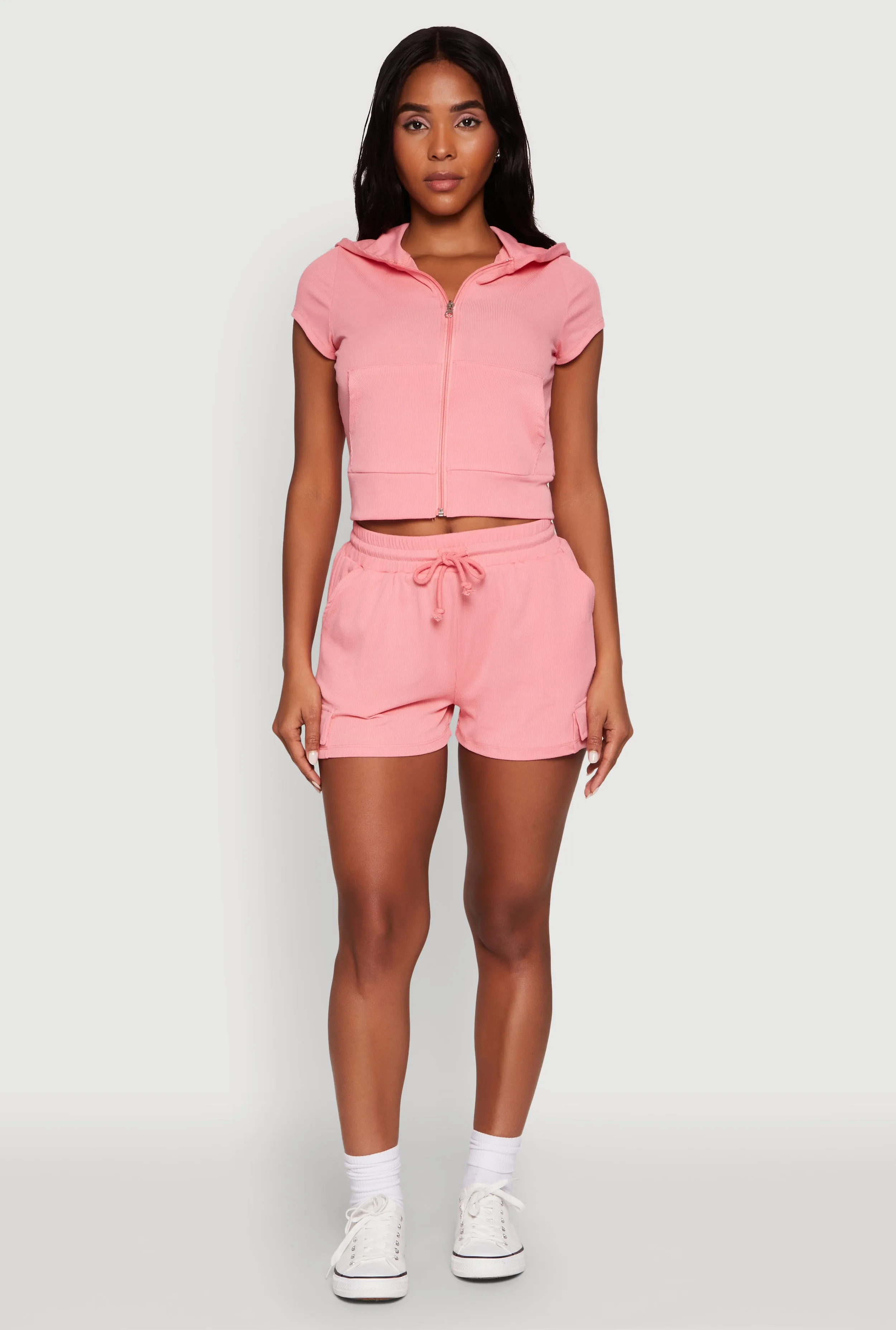Ribbed Knit Short Sleeve Zip Front Hoodie