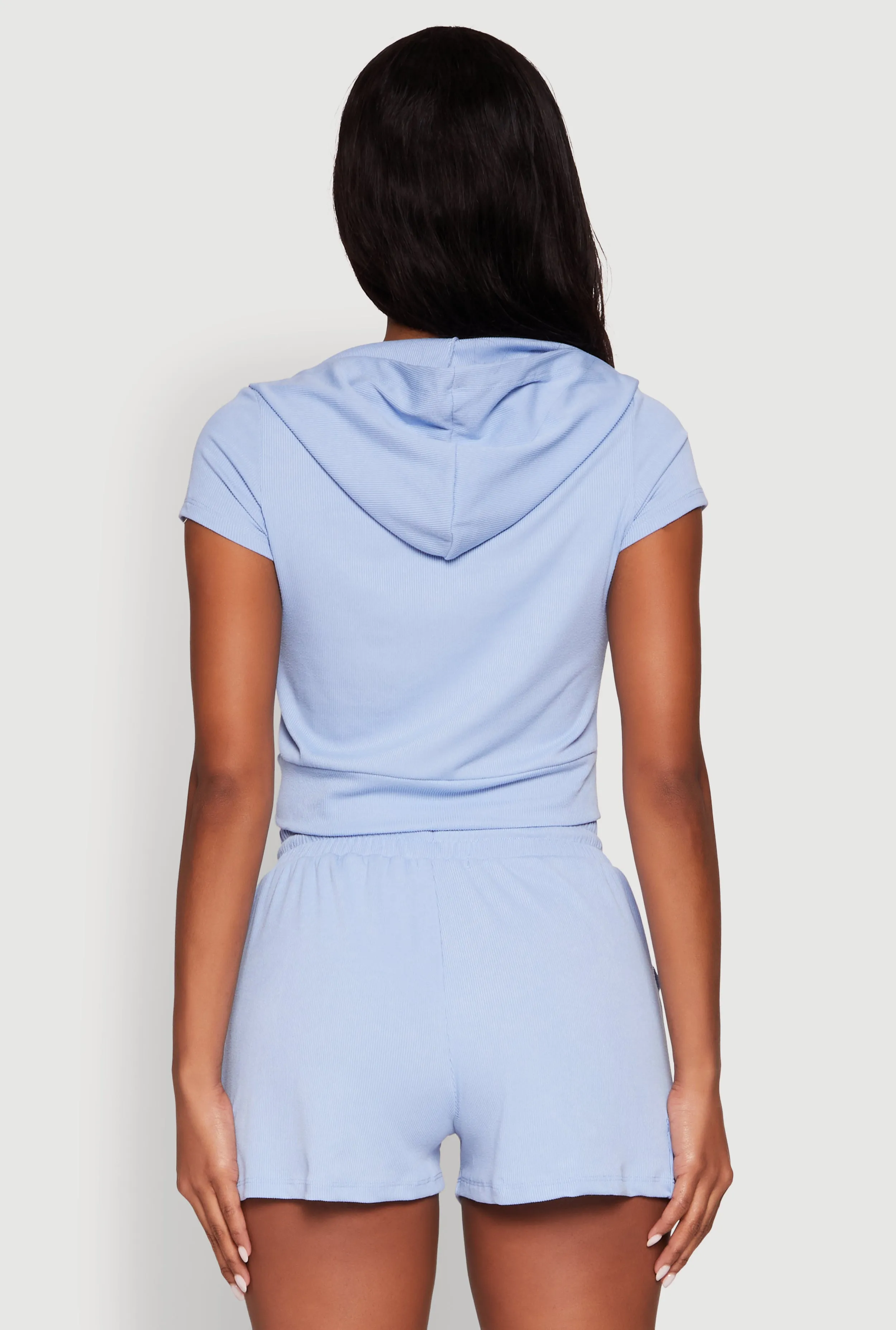 Ribbed Knit Short Sleeve Zip Front Hoodie