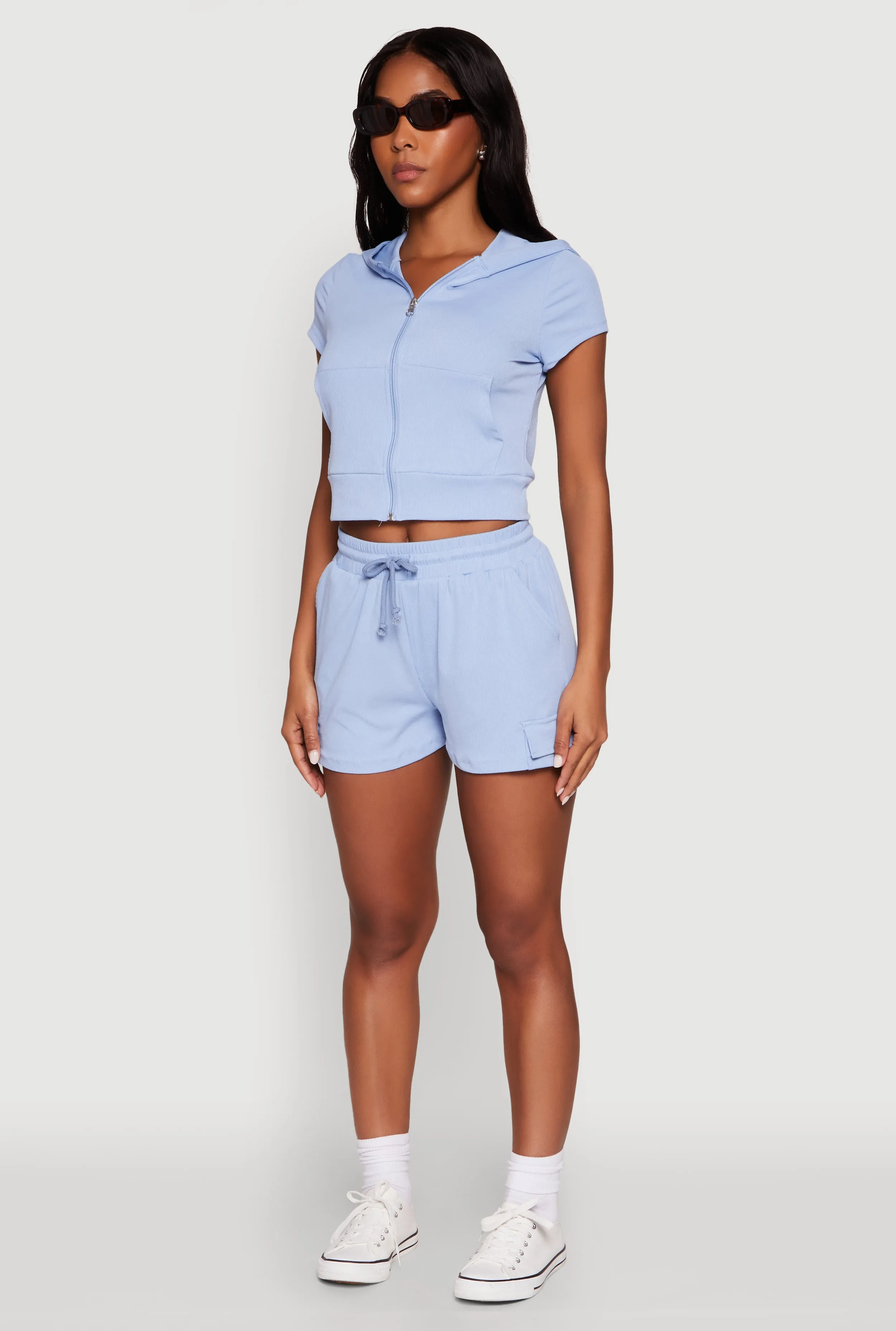 Ribbed Knit Short Sleeve Zip Front Hoodie