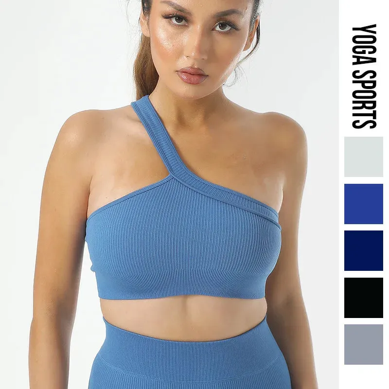Ribbed One Shoulder Yoga Bra for Women - Sports Crop Top