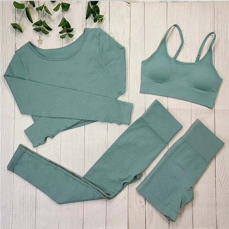 Ribbed Sportswear Women White Seamless Set - 2/3/4 Piece Sports Fitness Suit Yoga Clothing Tracksuit Gym Set Workout Clothes