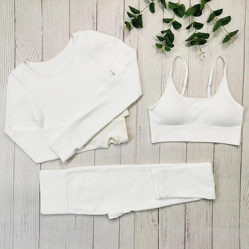 Ribbed Sportswear Women White Seamless Set - 2/3/4 Piece Sports Fitness Suit Yoga Clothing Tracksuit Gym Set Workout Clothes