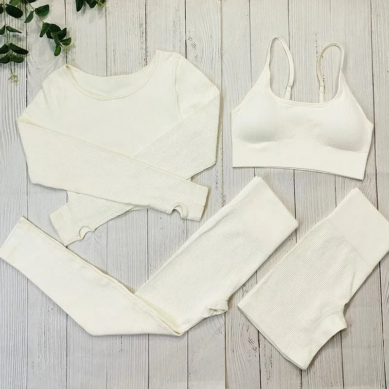 Ribbed Sportswear Women White Seamless Set - 2/3/4 Piece Sports Fitness Suit Yoga Clothing Tracksuit Gym Set Workout Clothes